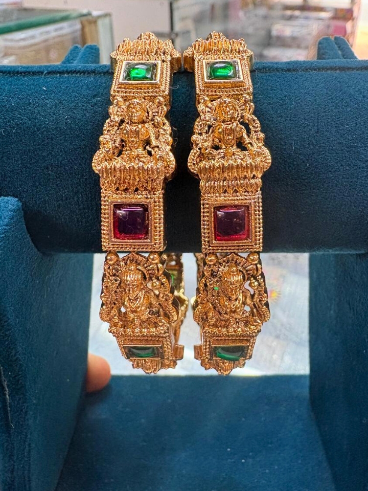 Handcrafted Lakshmi Antique Gold Bangles - Divine Temple Jewellery
