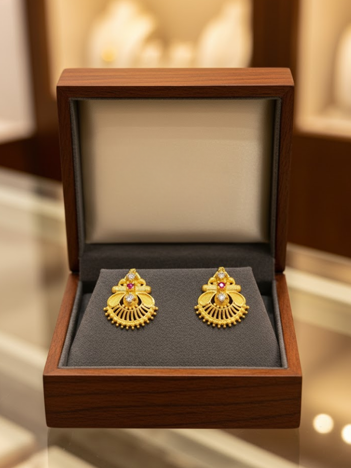 Elegant Gold Replica Earrings with Ruby & Stone Design – Traditional Jewelry for Women