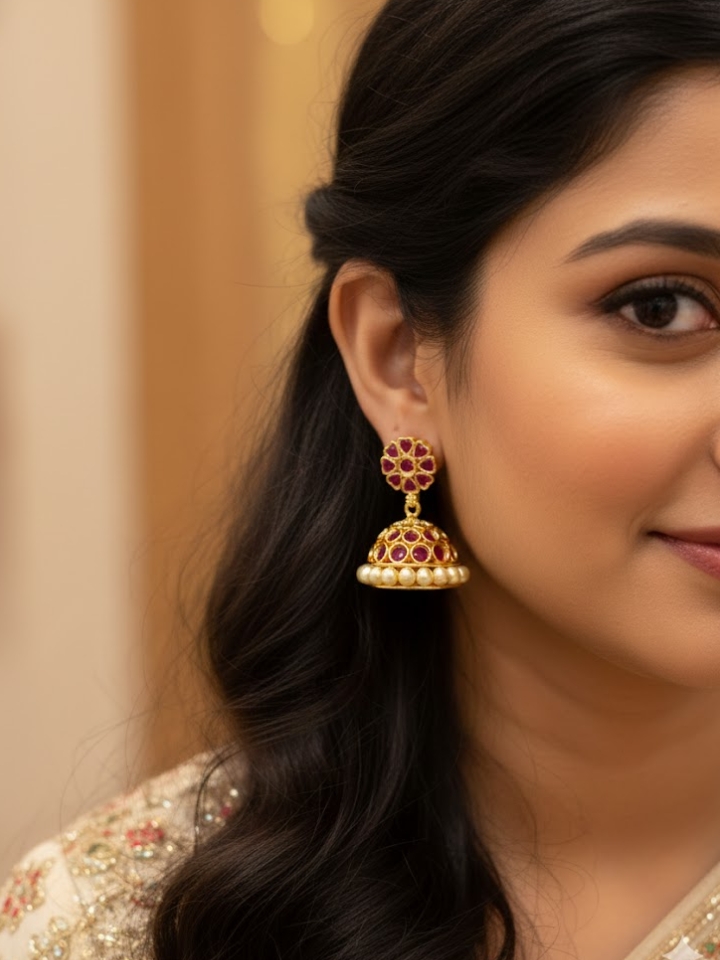 Traditional Ruby Stone Jhumka Earrings | Gold-Plated Pearl Border Jhumkas for Women