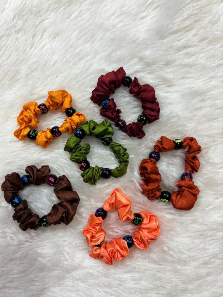 Handmade Satin Scrunchies with Beads – Pack of 6 | Affordable Hair Accessories (Rs 30)