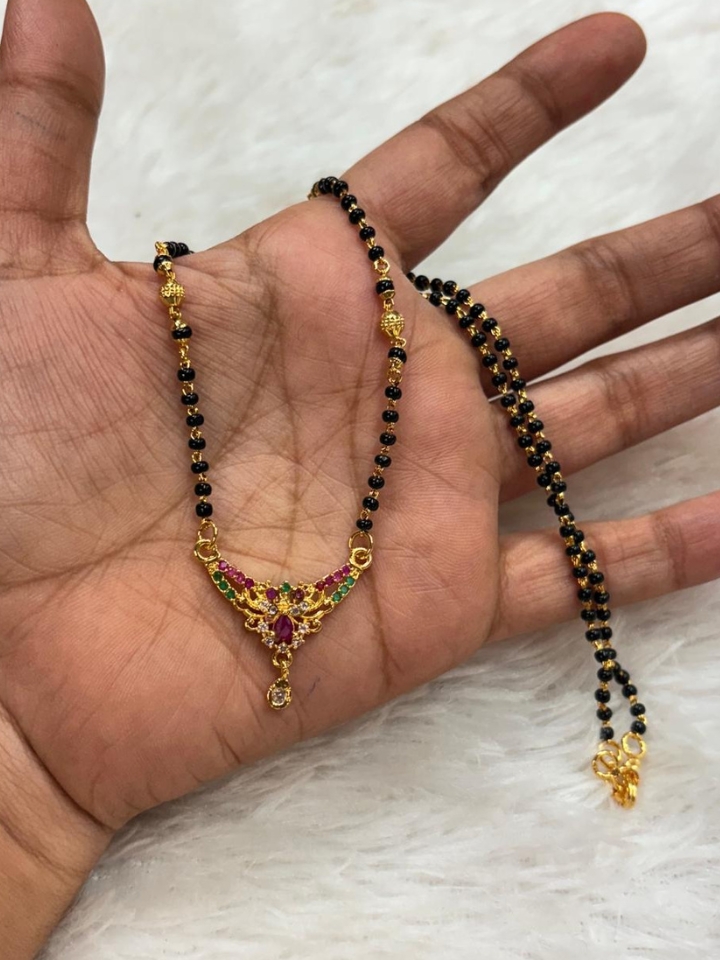 Elegant Microplated Mangal Sutra for Daily Wear – Black Beads & Colorful Stone Pendant – ₹300