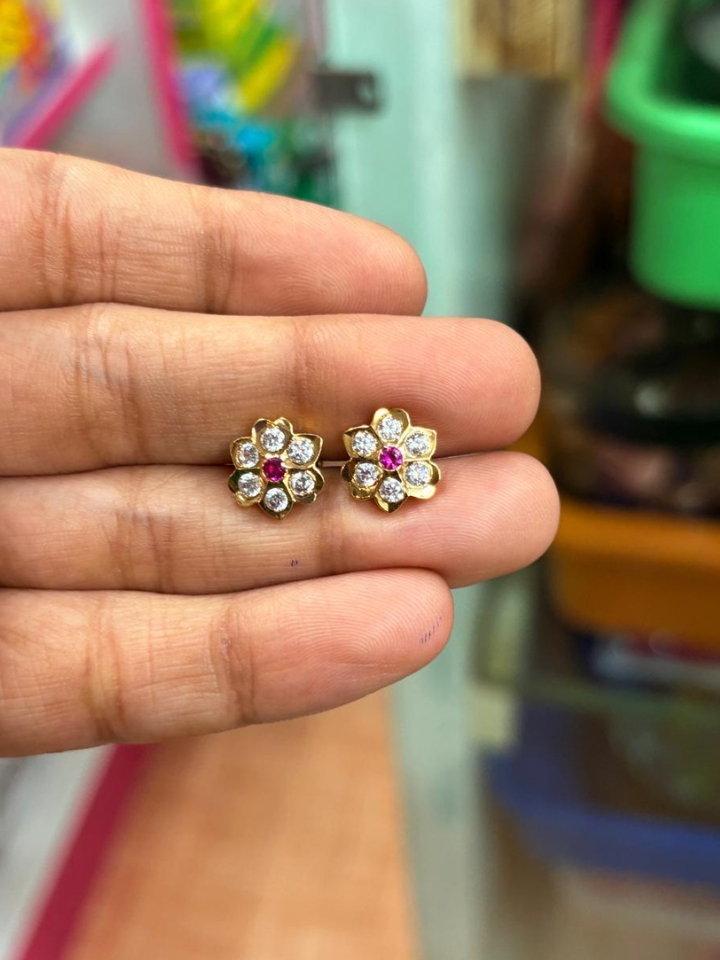 Elegant Floral Impon Earrings for Daily Wear | White CZ Stone Studs | Traditional Gold-Plated Design