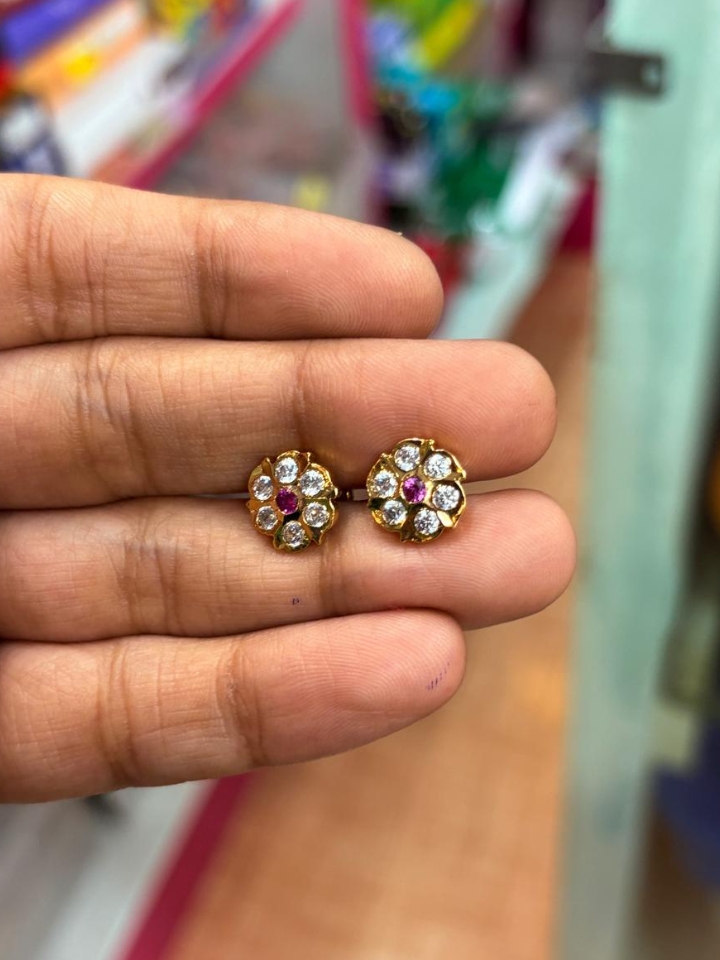 Pink & White Stone Floral Impon Earrings | Daily Wear Gold-Plated Studs for Women