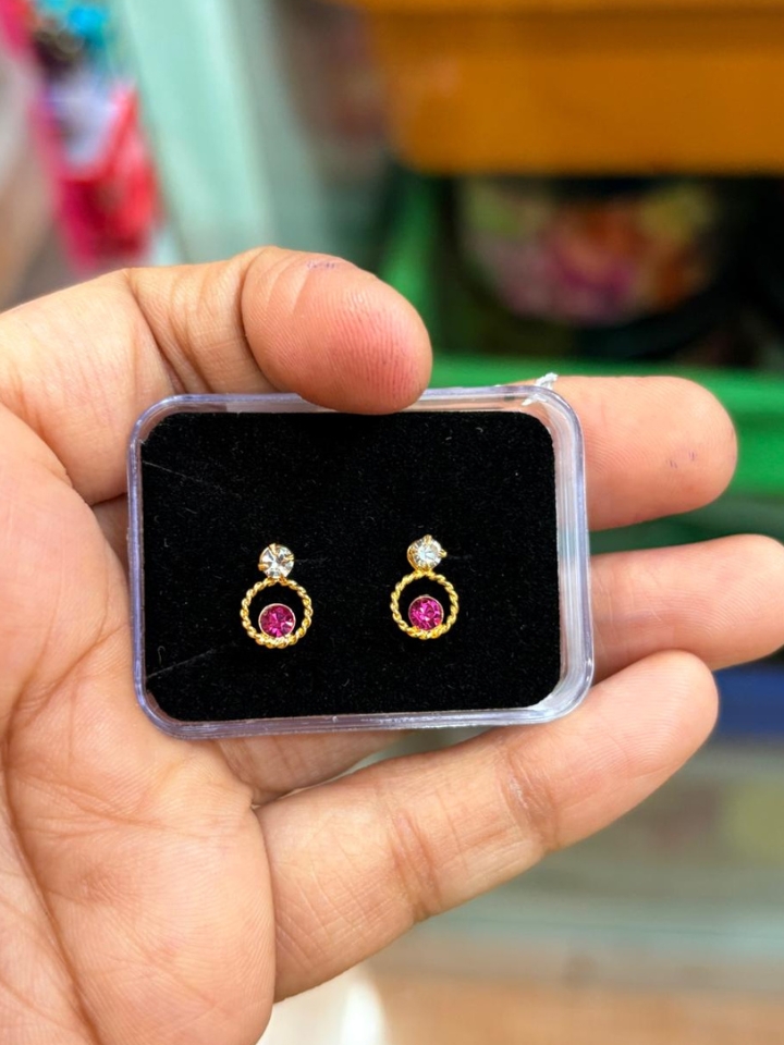 Regular Wear Kids Earrings – Cute Gold-Tone Studs with Pink & White Stones | Daily Use Girls Earrings 02