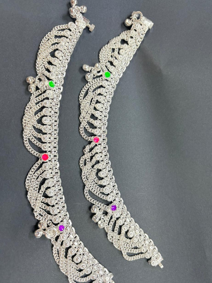 Silver Plated Designer Covering Anklets with Color Stones – AK0811