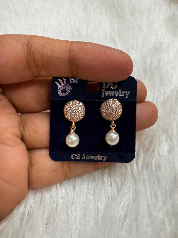 Rose Gold Round CZ Pearl Drop Earrings for Women – Party Wear