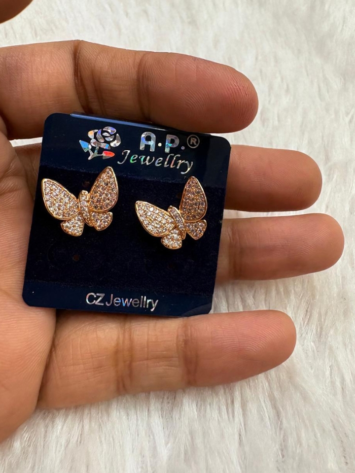 Rose Gold Butterfly CZ Stud Earrings – Cute & Stylish Daily Wear