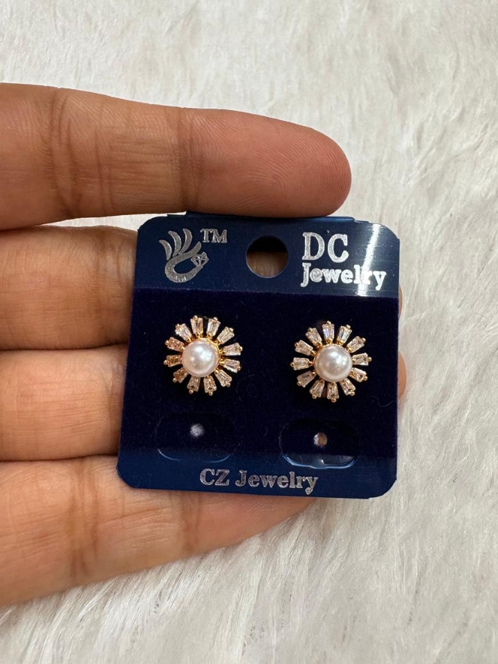 Rose Gold Pearl Sunflower CZ Stud Earrings – Elegant Office & Party Wear