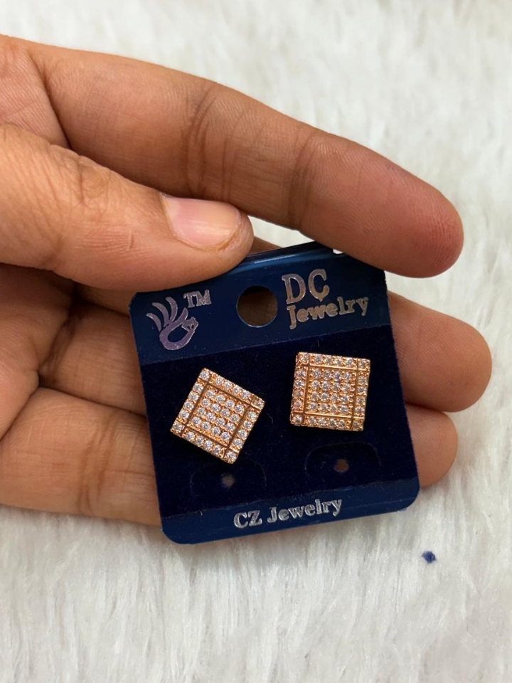 Rose Gold Double Layer Square CZ Stud Earrings – Stylish Party Wear