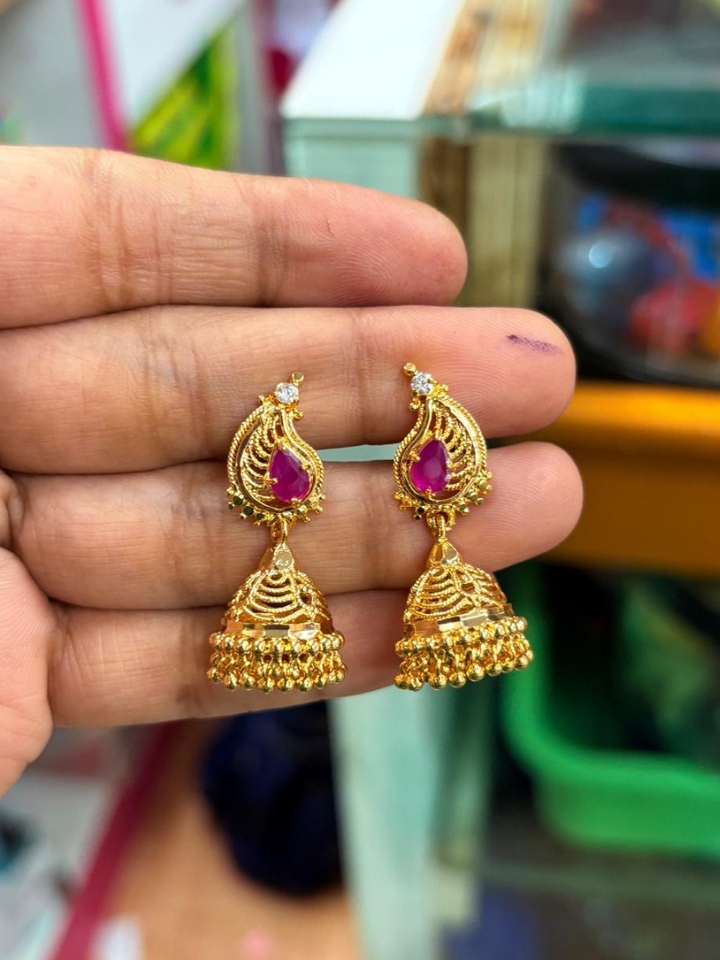 Gold Microplated Ruby Pink Jhumka Earrings for Women – Daily Wear Traditional Jewelry