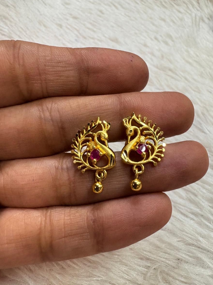 Peacock Design Ruby Stone Jhumka Earrings – Gold Replica Traditional Studs