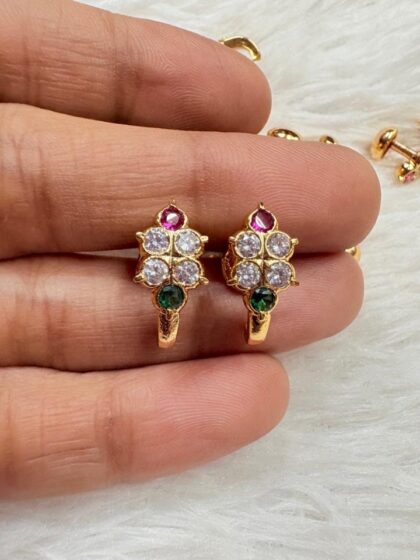 Impon Floral Stud Earrings with Green Stone | Daily Wear Gold Polish