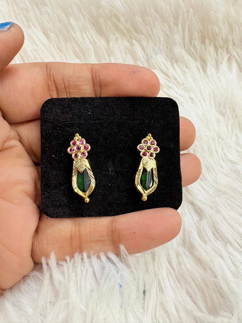 Kerala Palakka Earrings – Traditional Green Stone Gold Plated Design