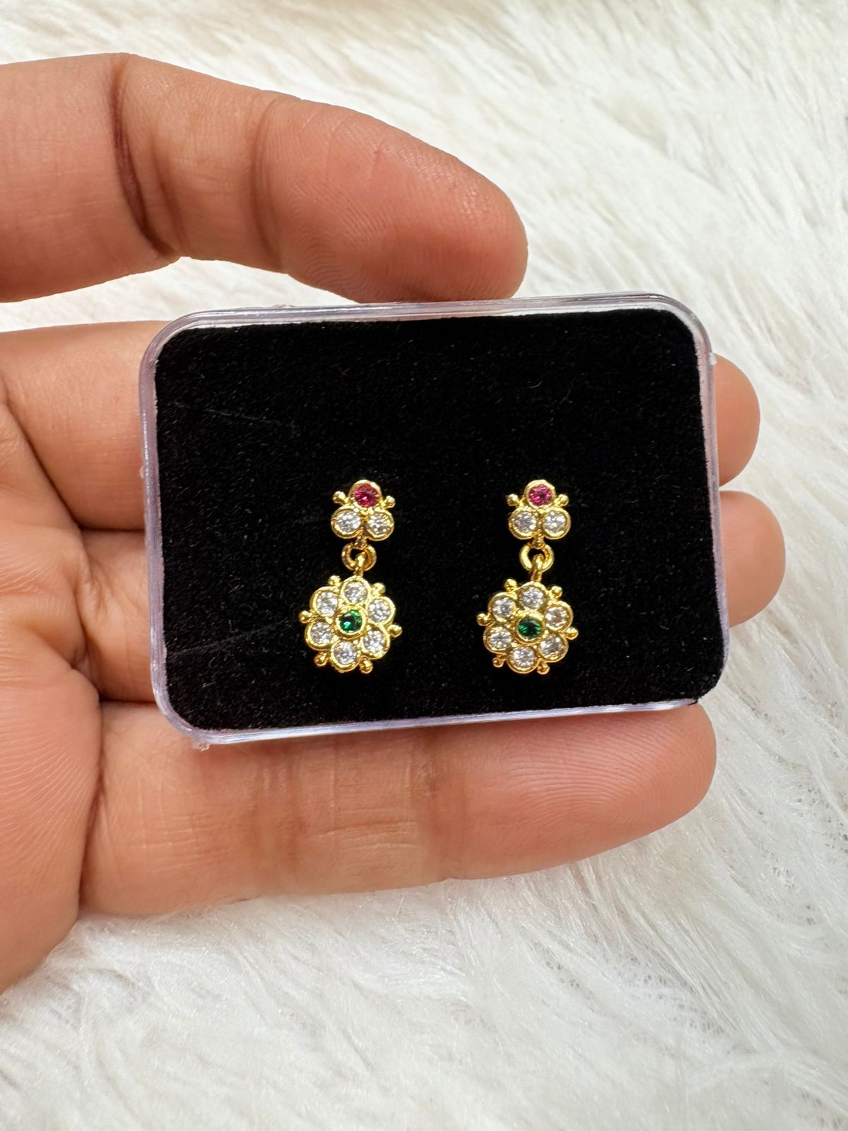 Green & Pink Stone Kids Floral Earrings | Micro Plated | KDER1
