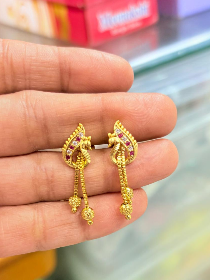 Gold Replica Dangler Earrings with Pink Stones for Women