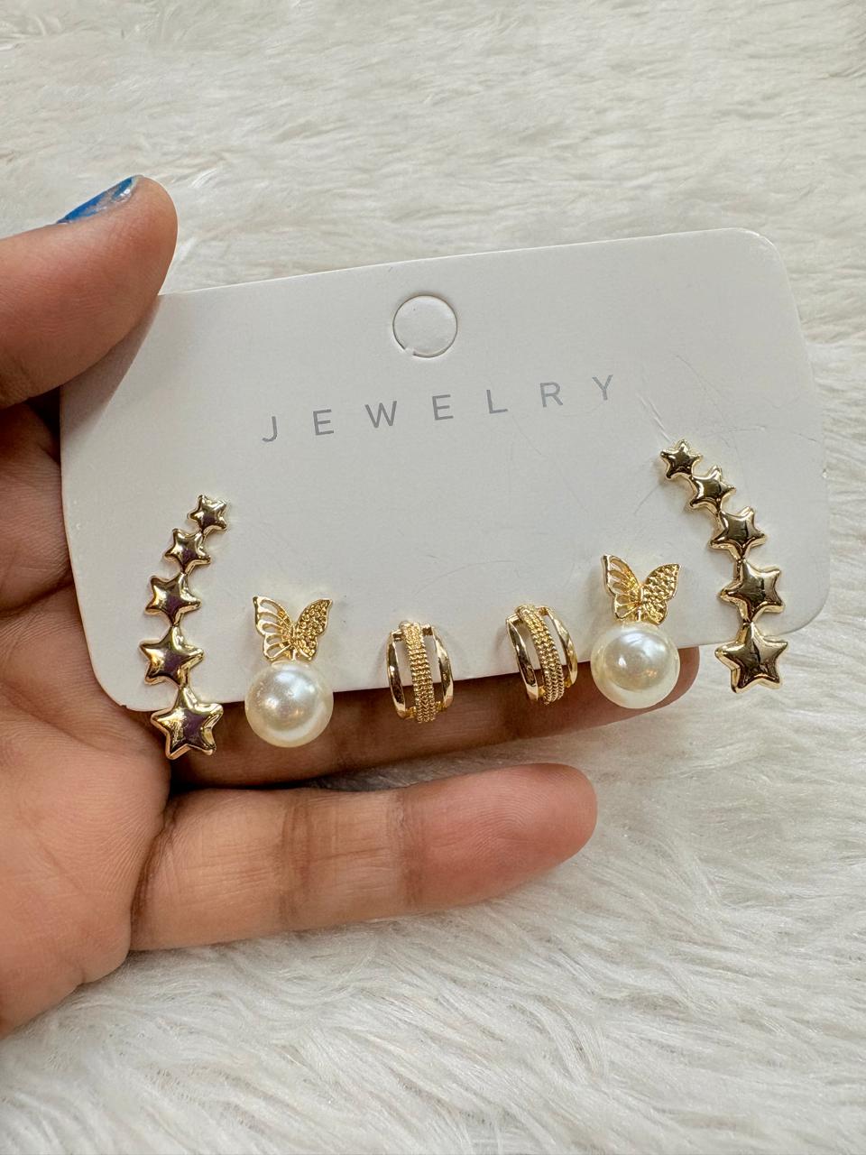 Trendy 3 Pair Golden Earrings Set for Women & Girls – Butterfly, Pearl & Star Design (Affordable Fashion Jewelry)