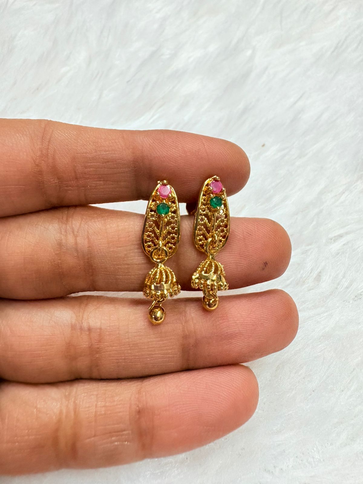 Traditional Gold-Plated Jhumka Stud Earrings with Pink & Green Stones - Code LFSJH1