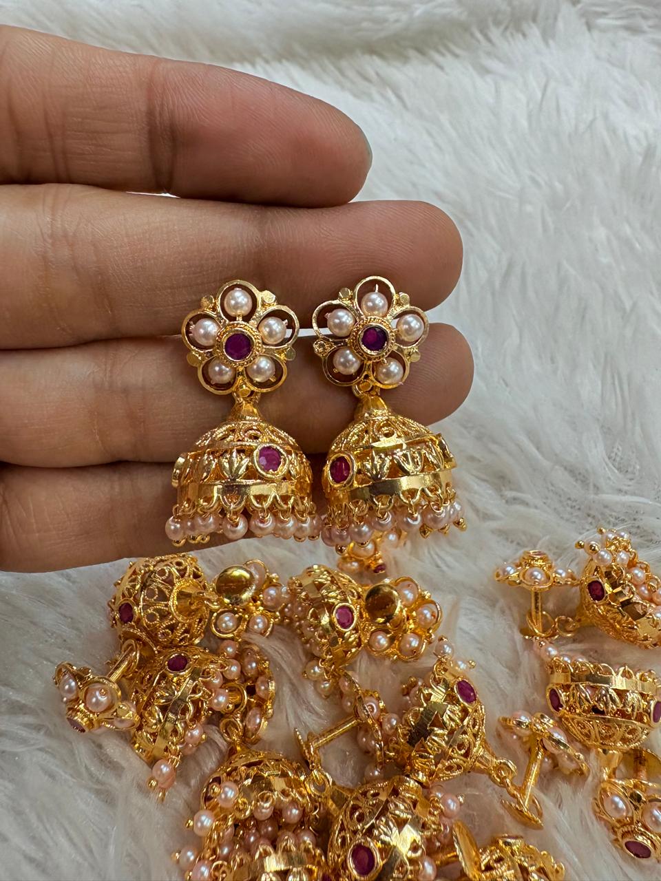 Gold Replica Microplated Jhumka Earrings for Regular Wear – Pearl & Stone Design (₹330) | LFSJM05