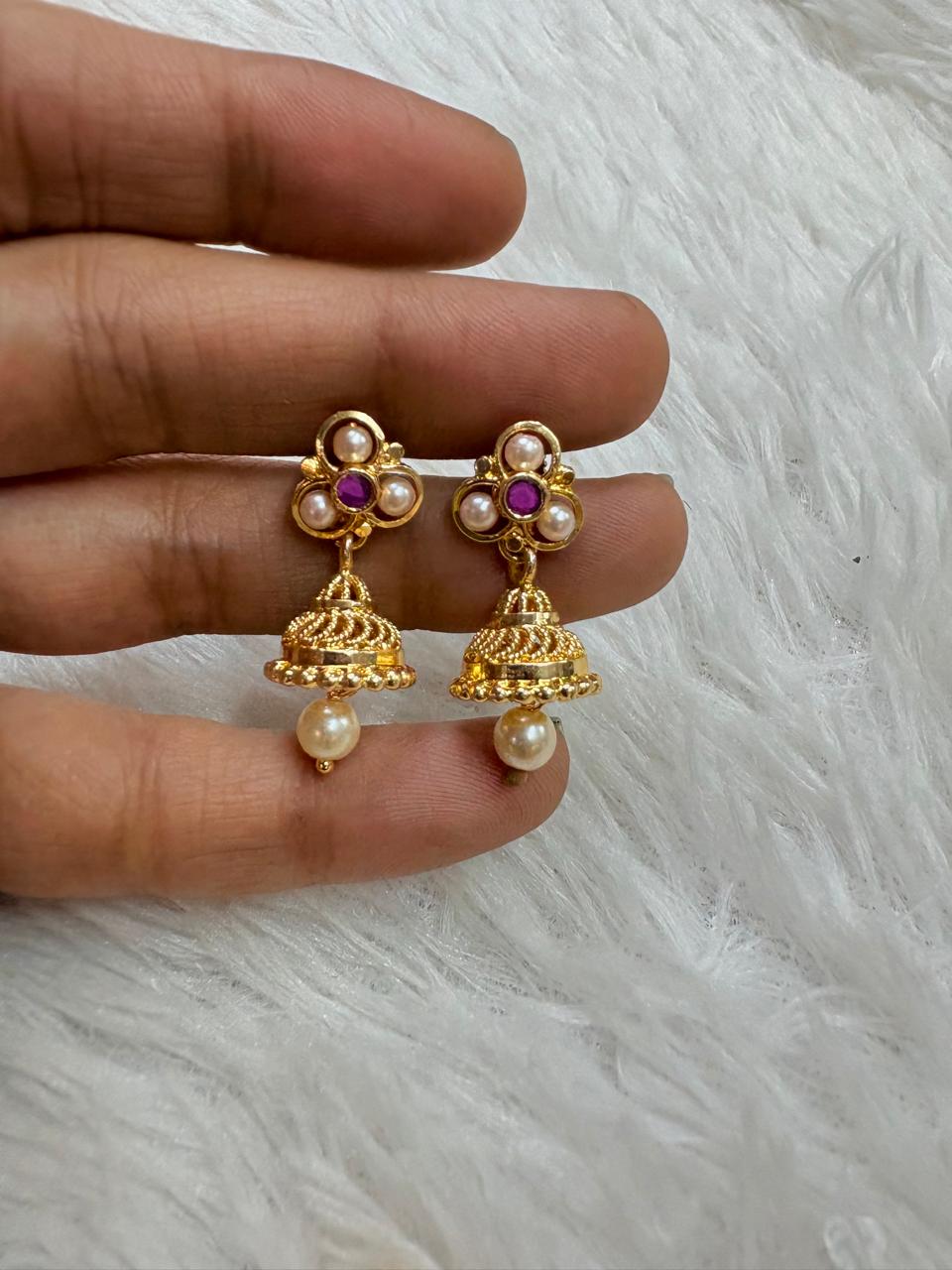Microplated Gold Finish Mini Jhumka Earrings for Regular Wear – Pearl Drop Design (₹280) | LFSJM06
