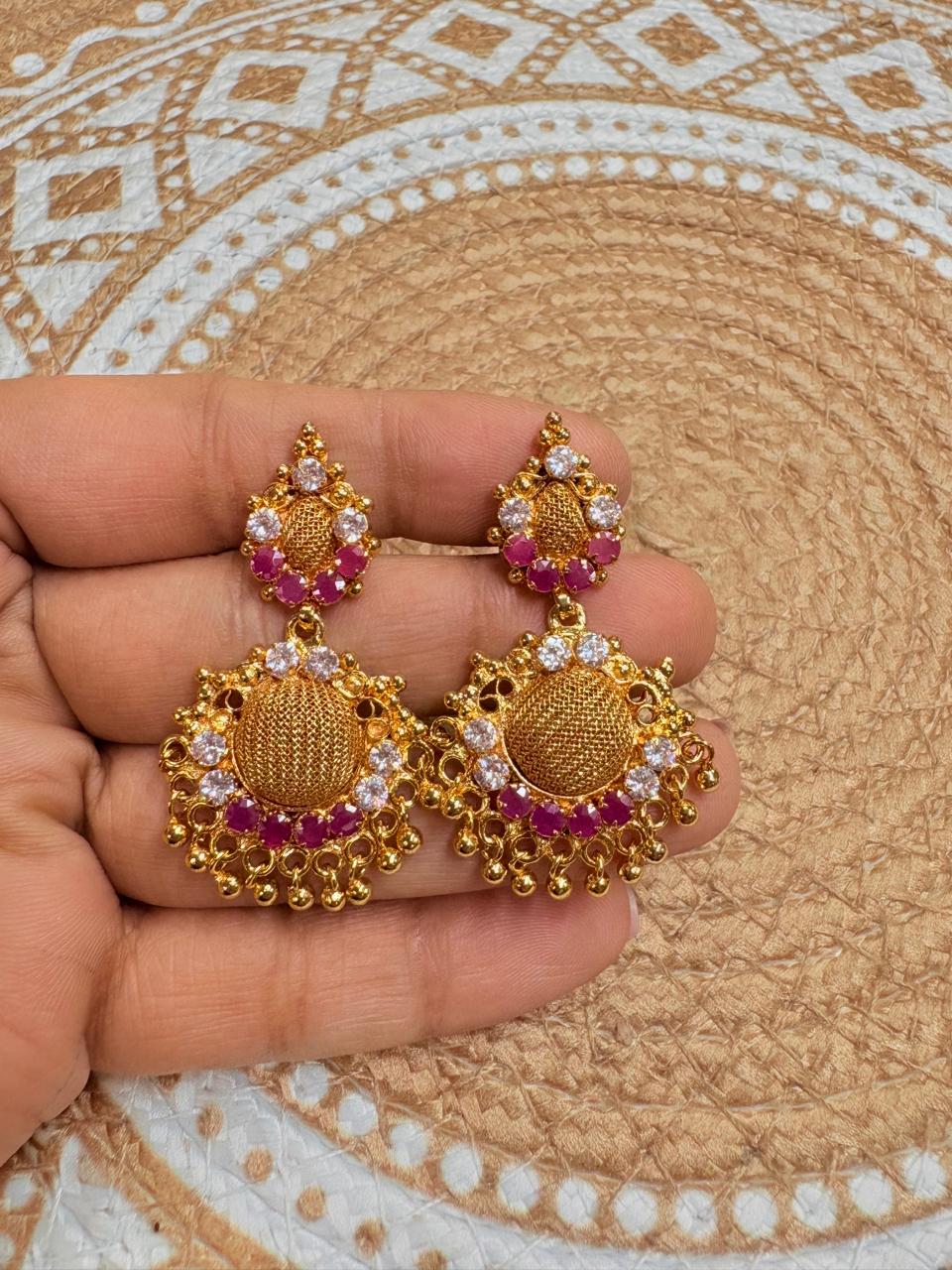 Microplated Traditional Gold Finish Chandbali Earrings with Pink & White Stones for Women - LFSER01