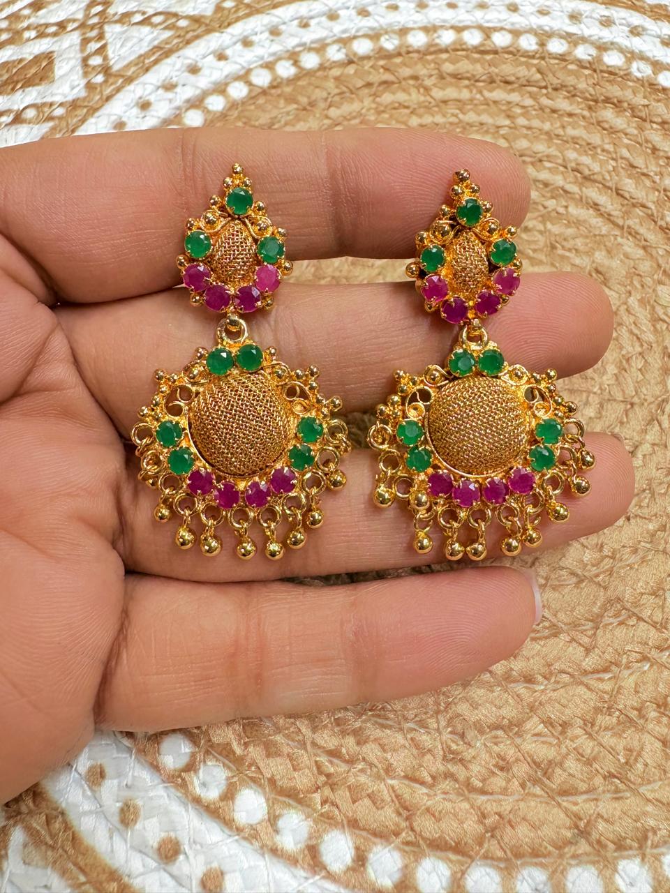 Microplated Gold Finish Traditional Chandbali Earrings with Green & Pink Stones - LFSER01