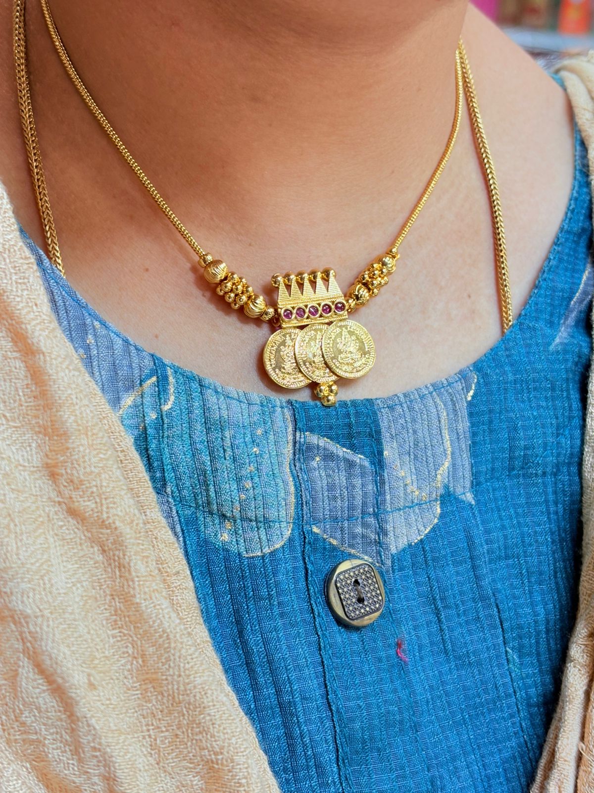 Traditional Three Coin Necklace Set – Micro Plated Gold Finish | Lightweight Daily Wear Jewellery - Code LFSNEC01