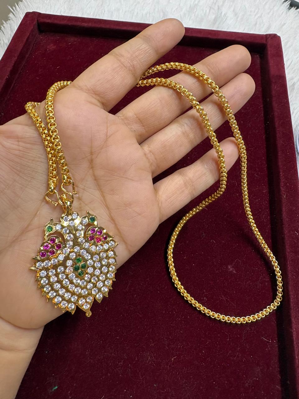 Traditional Impon Peacock Pendant Chain 24 Inch – Panchaloha Gold Finish (LFSDC01)