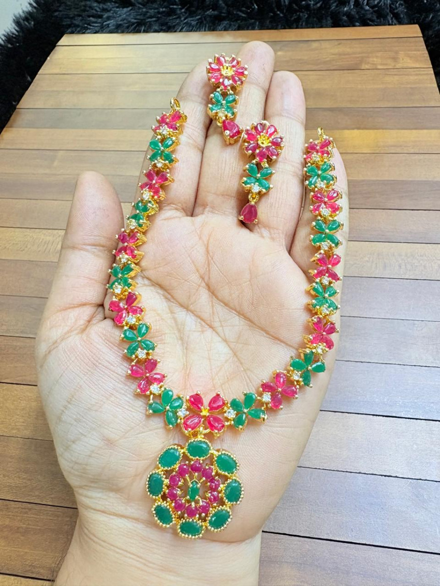 AD Stone Multicolour Necklace Set for Women – Traditional Floral Design with Earrings | Lightweight Bridal & Party Wear Jewelry (63101)